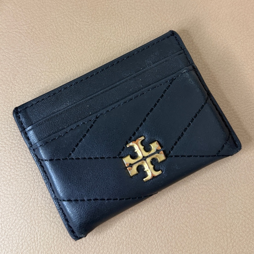Tory Burch Black Leather Card Wallet with Gold Emblem